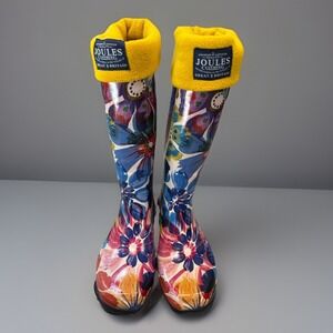 Nomad Tall Printed Rain Boots Floral w/Yellow Fleece Joules Removable Liners Sz8